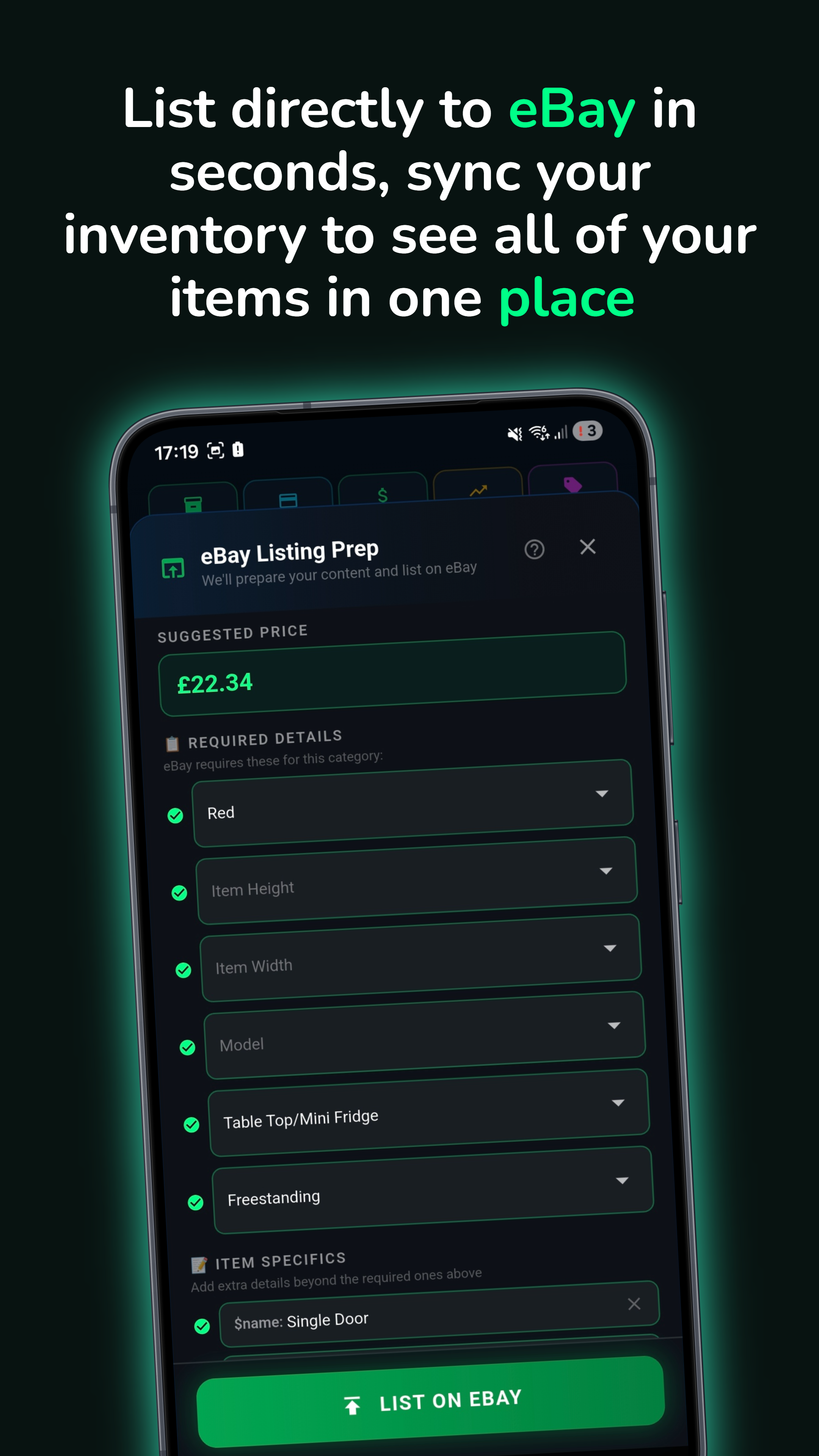 eBay listing prep with pricing and details