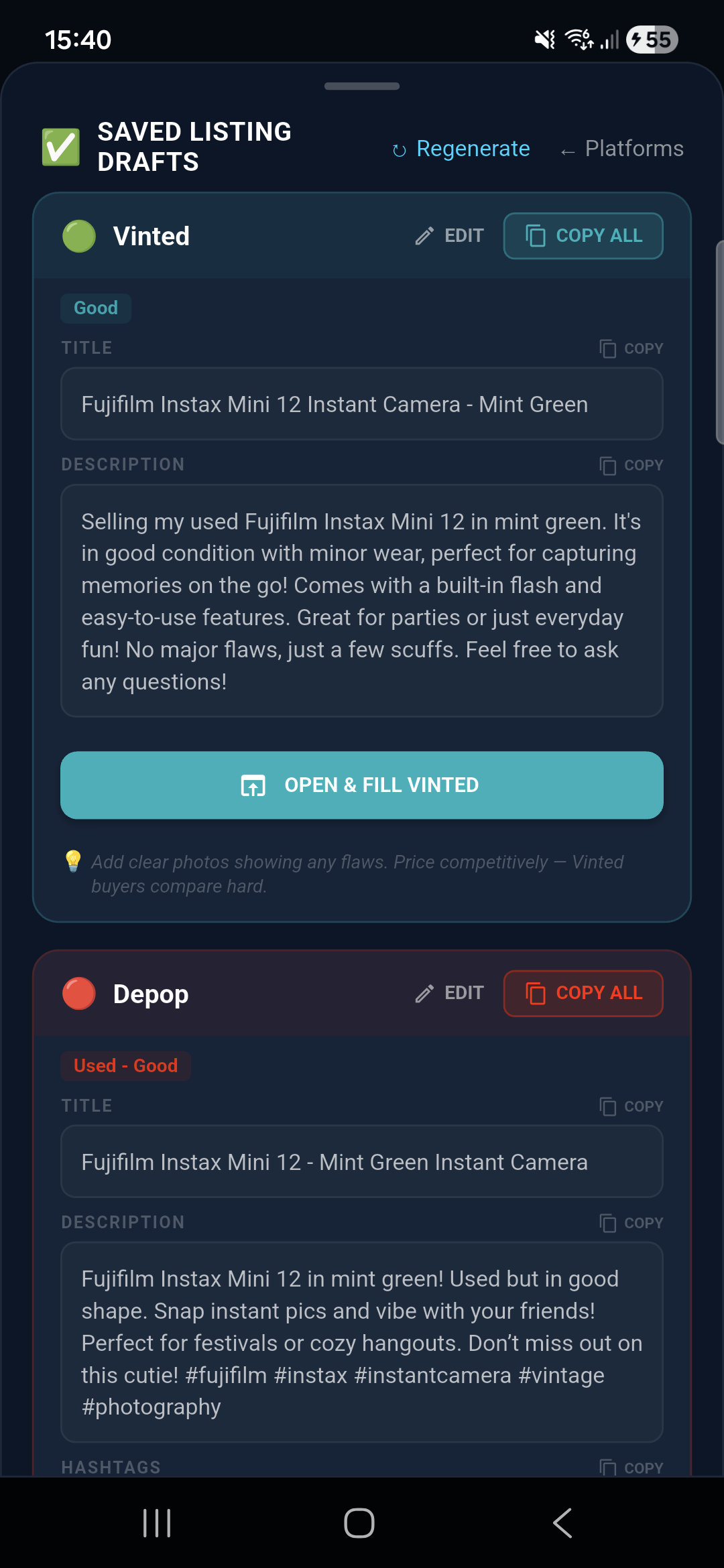 Reviewing a generated listing before publishing